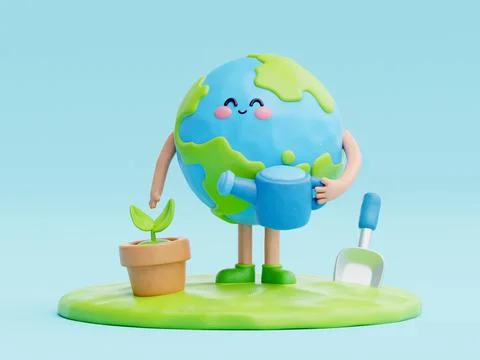 3D cute earth cartoon character, world Environment day, save planet and ene.. Stock Illustration