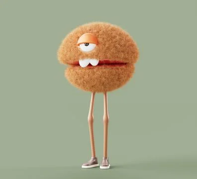 3d cute fluffy monster, circle geometric cartoon character with face emotion Stock Illustration
