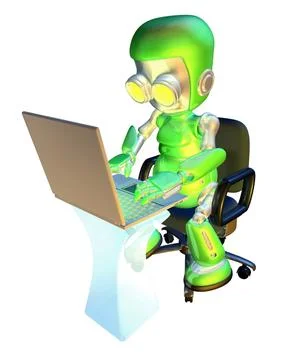3d cute green robot character using laptop pc Illustrazione stock