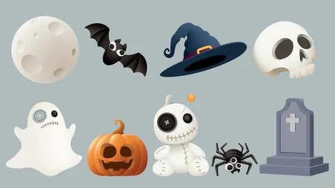 3D cute Halloween elements isolated collection graphic illustration. Stock Illustration