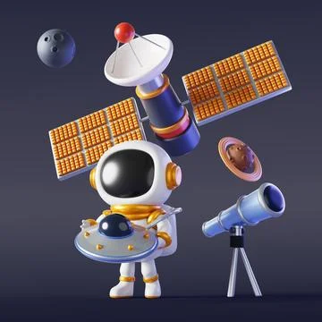 3d cute kid astronaut look in telescope and holding toy alien UFO spaceship Stock Illustration