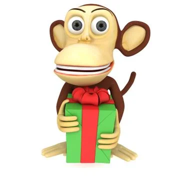 3d cute monkey with gift 스톡 일러스트