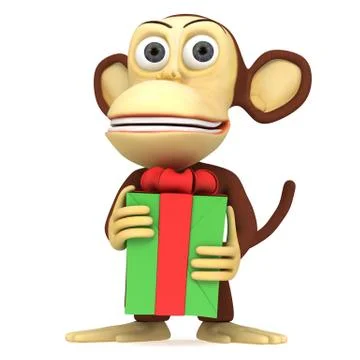 3d cute monkey with gift 스톡 일러스트