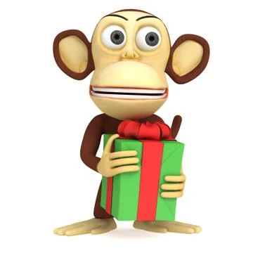 3d cute monkey with gift 스톡 일러스트