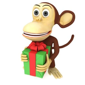 3d cute monkey with gift 스톡 일러스트