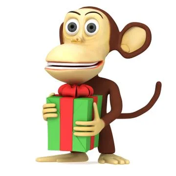3d cute monkey with gift 스톡 일러스트