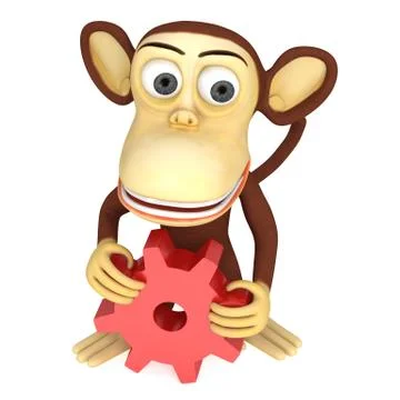3d cute monkey with red gear 스톡 일러스트