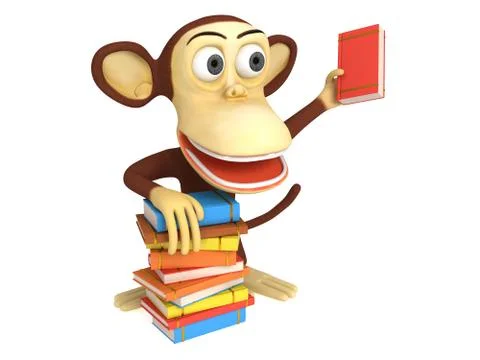 3d cute monkey with stack of books Ilustração Stock