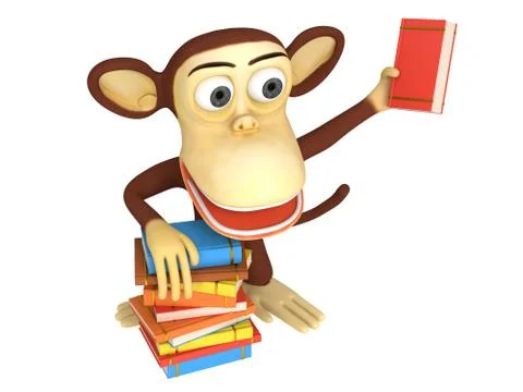 3d cute monkey with stack of books Stock Illustration