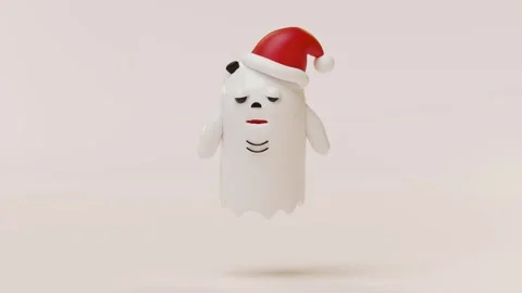 3d cute monster, white cute ghost with santa claus hat isolated on cream ba.. Video stock 285832012