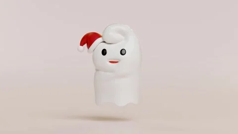 3d cute monster, white cute ghost with santa claus hat isolated on cream ba.. Stock Footage 286795931
