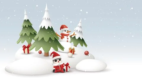 3D cute pine forest and snowman with elements on snowdrift have snowfall in.. Stock Illustration