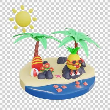 3D cute pineapple character summer vacation Stock Illustration