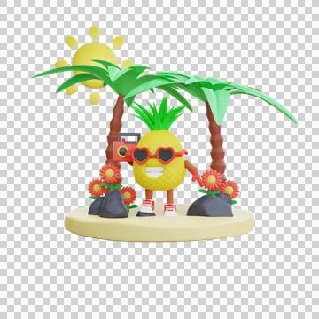 3D cute pineapple character summer vacation Stock Illustration