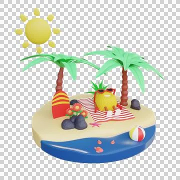 3D cute pineapple character summer vacation Stock Illustration