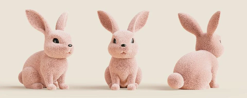 3d cute rabbit front side back view set. Bunny cartoon character, hare kids toy Stock Illustration