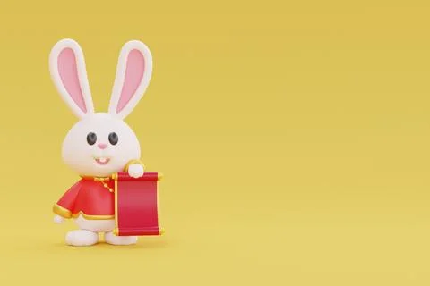3D cute rabbit holding red ancient scroll isolated on yellow background, el.. Stock Illustration