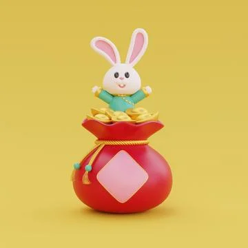 3D cute rabbit with red bag full of money isolated on yellow background, el.. Stock Illustration