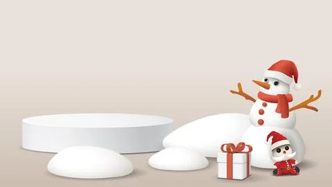 3D cute snowman, gift box, Santa Claus doll and snowdrift with blank podium.. Stock Illustration