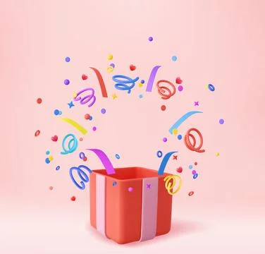 3d Cute Surprise Gift Box With Falling Confetti Stock Illustration