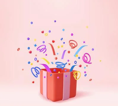 3d Cute Surprise Gift Box With Falling Confetti Stock Illustration