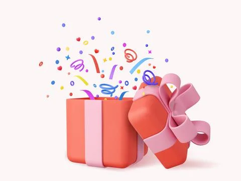 3d Cute Surprise Gift Box With Falling Confetti Stock Illustration