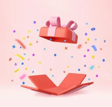 3d Cute Surprise Gift Box With Falling Confetti Ilustração Stock