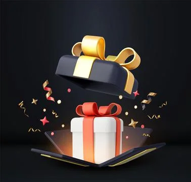 3d Cute Surprise Gift Box With Falling Confetti Stock Illustration