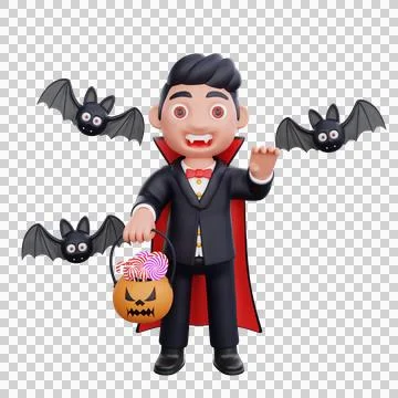 3d cute Vampire holding pumpkin basket candy halloween design Stock Illustration