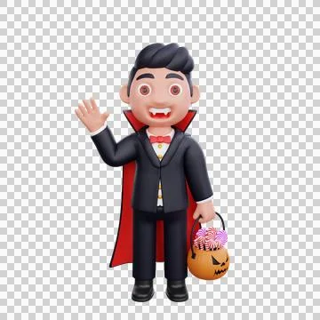 3d cute Vampire saying hello while holding pumpkin basket candy halloween d.. Stock Illustration