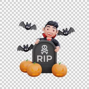 3d cute Vampire standing beside tombstone halloween design Stock Illustration
