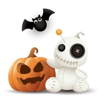 3D cute Voodoo doll, pumpkin Jack-O'-Lantern and fatty bat isolated on whit.. Stock Illustration