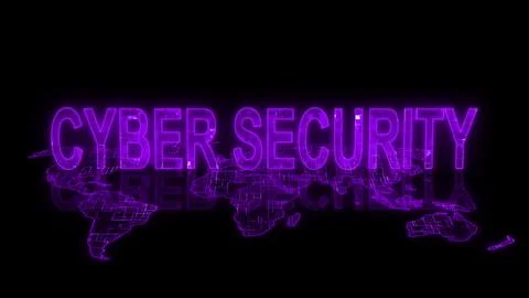 3d cyber security text technology earth map purple glowing Stock Illustration