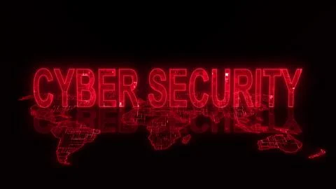 3d cyber security text technology earth map red glowing Stock Illustration
