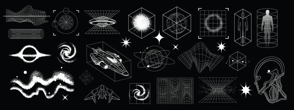 3D cyberpunk grid u2k wireframe shape set warp retro futuristic geometric icon 库存插图