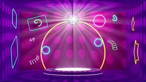 3d cylinder stage podium empty in room with neon, ball disco lights, abstract Stock Footage 220340838