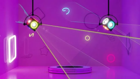 3d cylinder stage podium empty in room with neon, disco lights, abstract geom Stock Footage 220480788