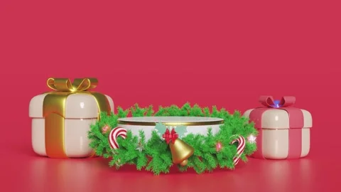 3d cylinder stage podium empty with wreath pine leaves, gift box, candy can.. Stock Footage 258880765