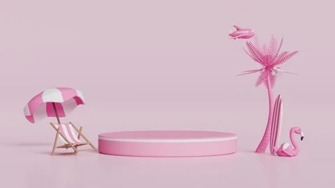 3d cylinder stage podium empty with beach chair,ball, flamingo, palm tree, .. Stock Footage 262019053