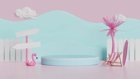 3d cylinder stage podium empty with fence, ball, Inflatable flamingo, wave,.. Stock Footage 262124489