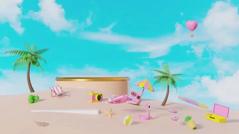 3d cylinder stage podium empty with surfboard, beach, palm, coconut tree, i.. Stock Footage 262126382