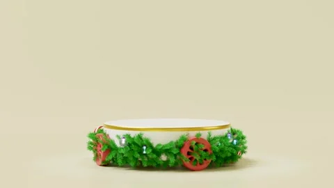 3d cylinder stage podium empty on wheels spinning around with wreath pine l.. Video stock 292965115