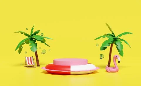 3d cylinder stage podium empty with summer beach, chair, Inflatable flaming.. Ilustração Stock