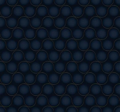 3D dark blue round shape with golden wave lines seamless pattern on black bac Stock Illustration