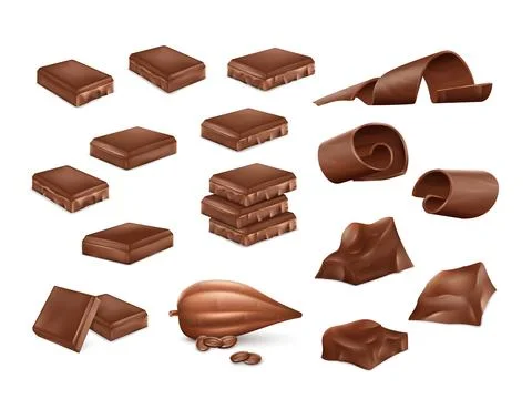 3d dark chocolate bar set, cocoa bean isolated elements. Chunk milk piece with Stock Illustration