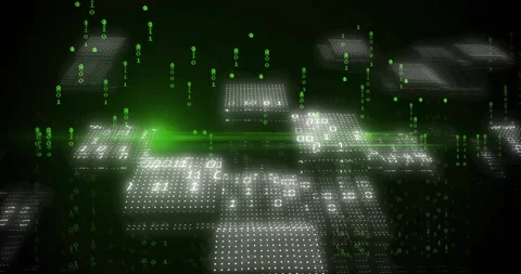 3D dark void starting floating platforms intensifying binary rain and sweeping Stock Footage 316097556