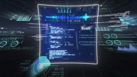 3D dashboard forming as cyan ring appearing and pulsing, bar charts merging for Stock Footage 332504696