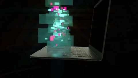 3D data blocks animate on a laptop screen in 4K Stock Footage 312201670