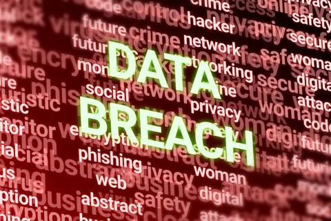 3D data breach word on technology related words. Stock Illustration