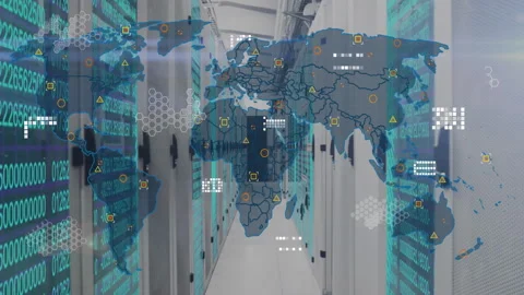 3D data center aisle animating binary code and network nodes, featuring server Stock Footage 309109139